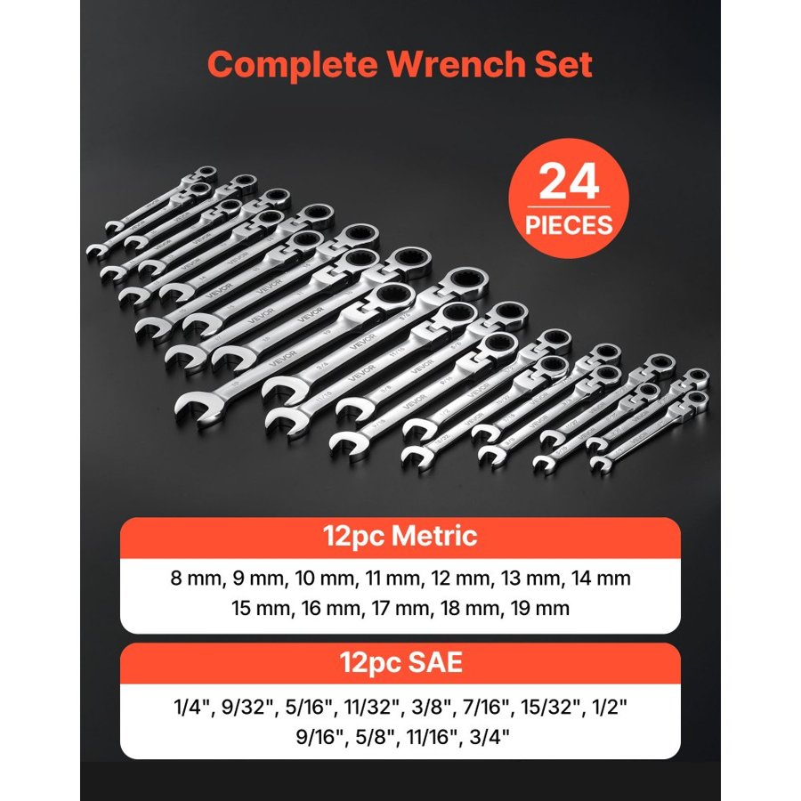 VEVOR Flex Combination Wrench Set – 24pc, SAE, Silver, 72T