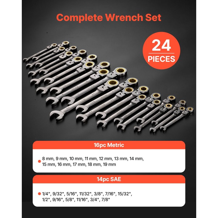 VEVOR Flex Combination Ratcheting Wrench Set – 24pc, Bronze
