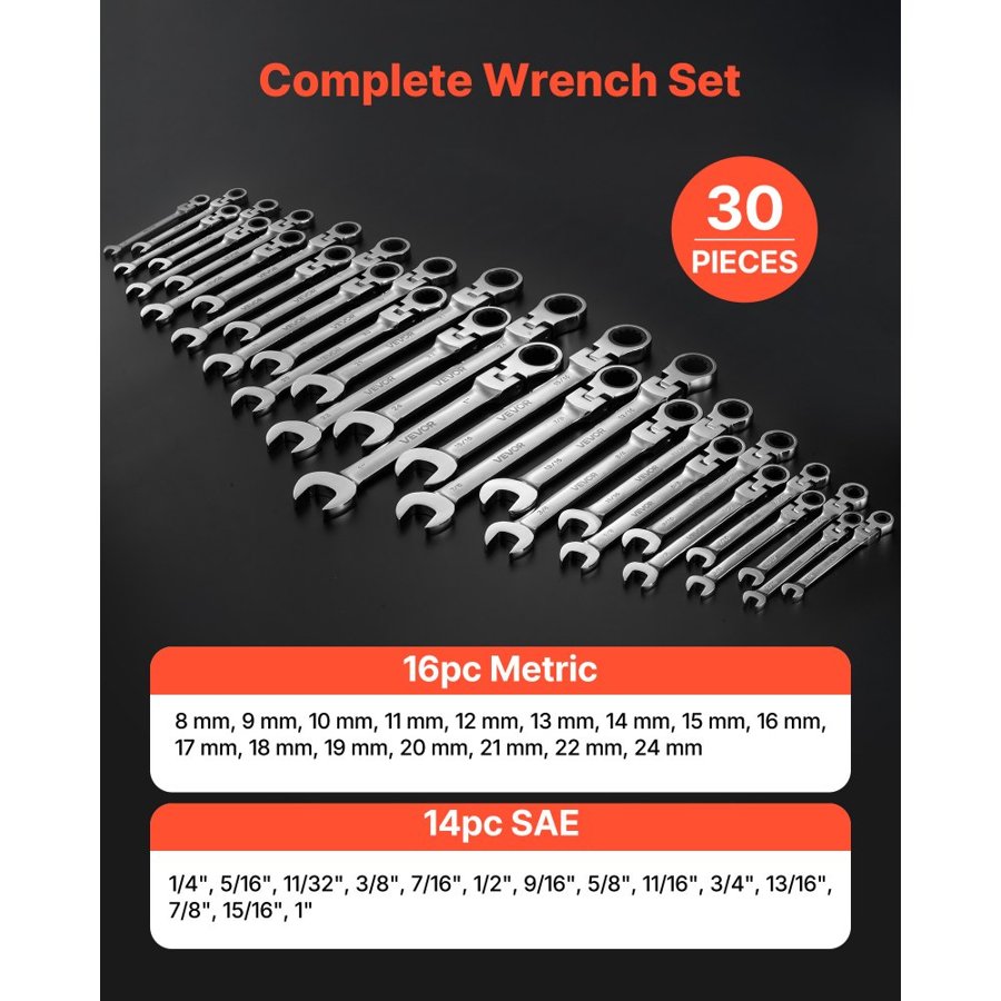VEVOR Flex Head Combination Wrench Set – 30pc, 16.22 lbs