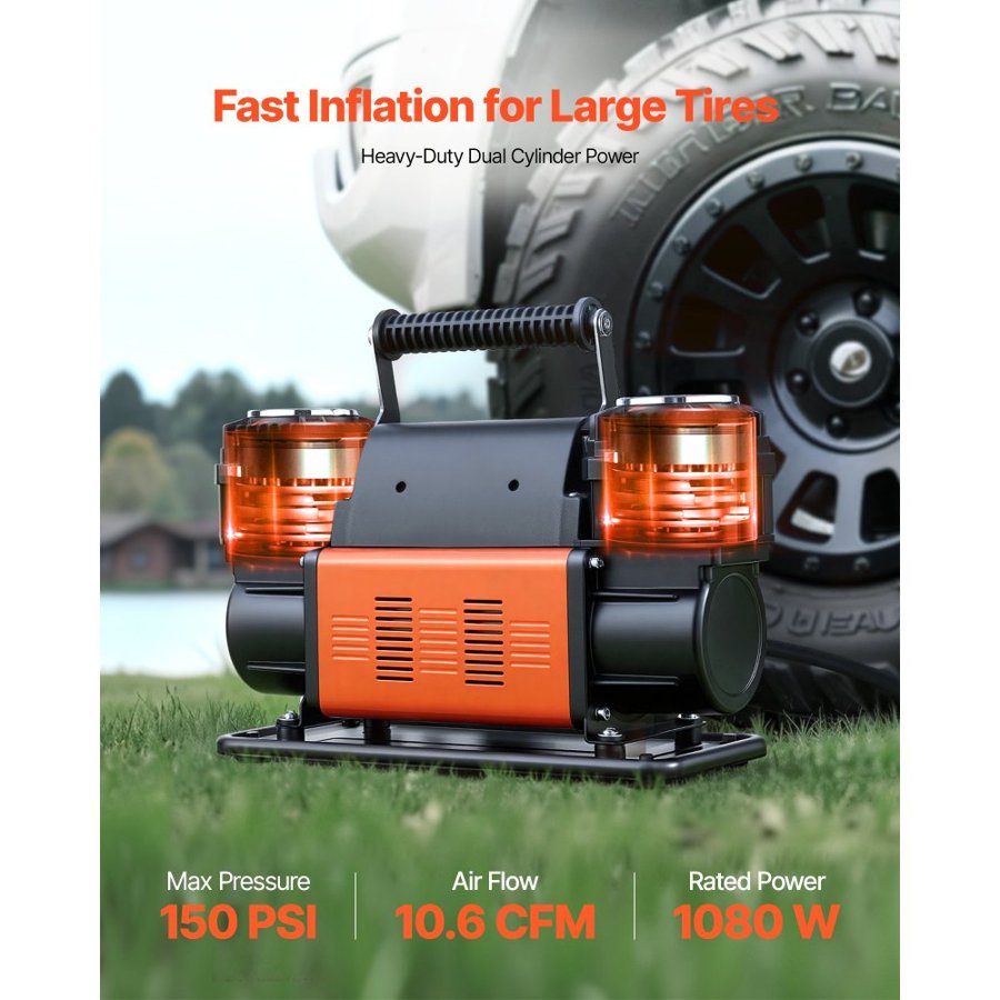 VEVOR Dual-Cylinder Heavy Duty Air Compressor, 300 L/min Portable Tire Inflator, 12V 150PSI Offroad Air Pump with Digital Pressure Gauge & Adapters for Truck Car SUV 4 x 4 Vehicle RV