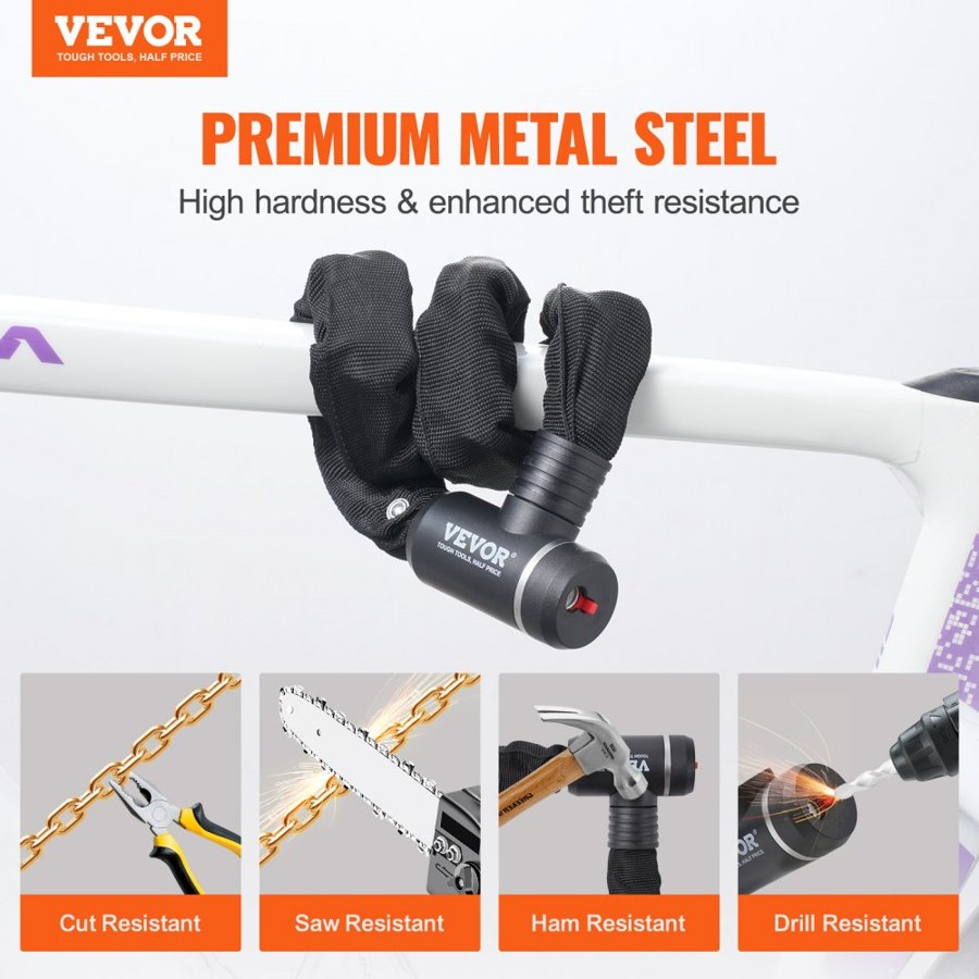 VEVOR Bike Chain Lock, 2.79 Ft Combination Bicycle Chain Lock with 2 Keys, Heavy Duty Anti-Theft High Security Bike Locks, Perfect for Bike, Motorcycle, Scooter, Bicycle, Door, Fence or Gate, 8mm