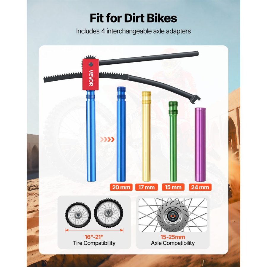 VEVOR Dirt Bike Tire Changing Tool Kit, Fits for Motocross Enduro 406-533 mm Wheels, Includes 15-25 mm Axle Adapters, Dirt Bike Tire Changing Tools Compact Changer with 2 Irons and Protective Sleeve