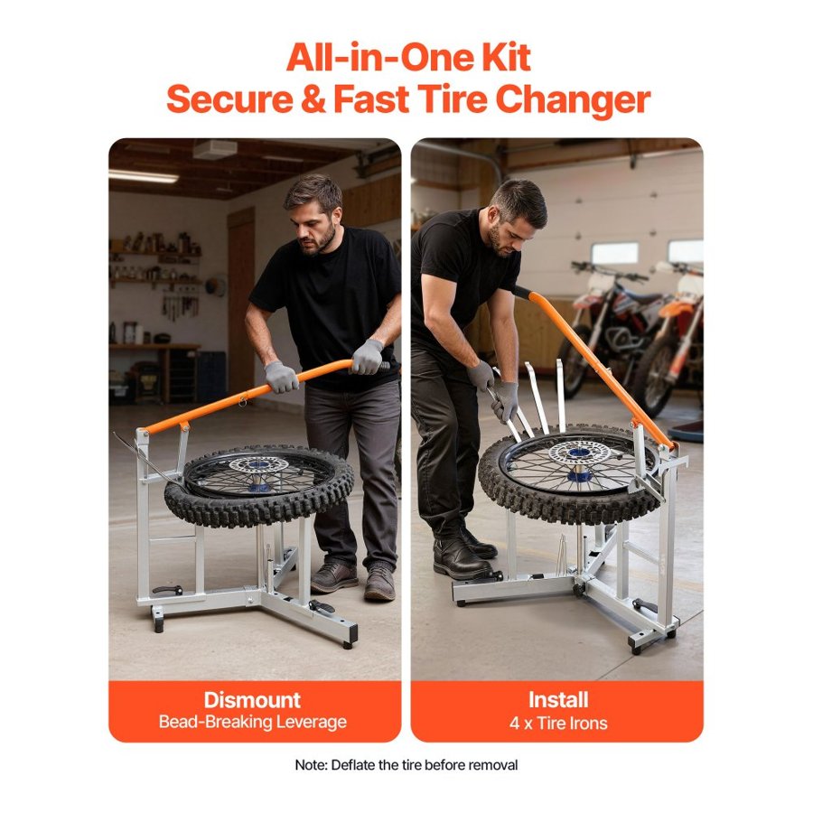 VEVOR Dirt Bike and Dual Sport Tire Changer, Fits for 406-533 mm Wheels, 15/17/20/25 mm Axles, Heavy Duty Dirt Bike Tire Changing Tool Kit with Bead Breaker, Irons, Protective Sleeves, Storage Bag