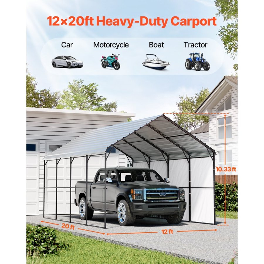 VEVOR 12x20 Metal Carport – 35lb/ft² Capacity, 2" Steel Pipe