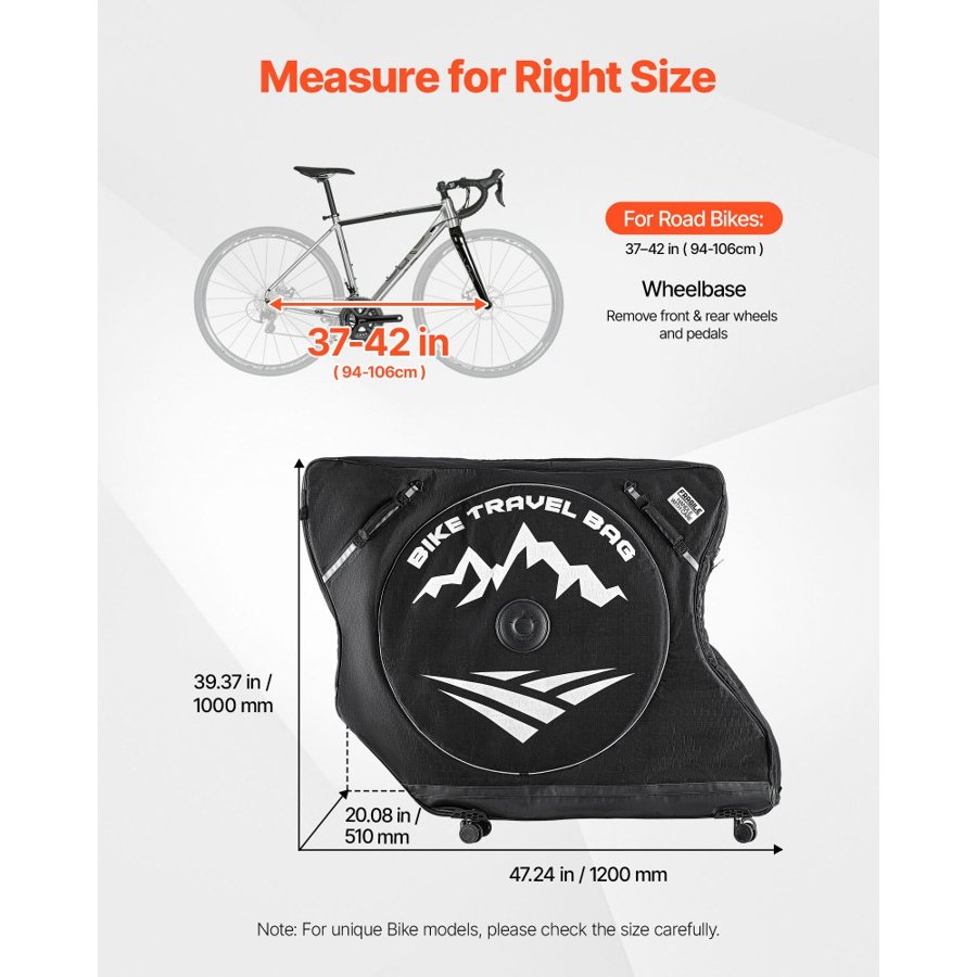 VEVOR Bike Travel Bag, Road Bike Bag Road Bicycle Storage Carry with TSA Lock & Dual Zipper, Black Bicycle Case Wheelbase 94-106 cm for Air Travel, Outdoor Use, Airplane, Car, Train, Subway Transport