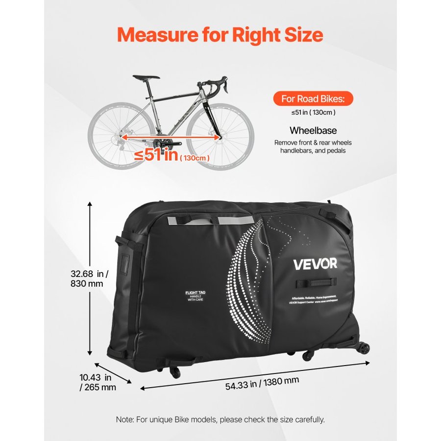 VEVOR Bike Travel Bag, Transport Universal Bicycle Storage Case Bag with TSA Lock, Support Plates, Protection and Fork Mount Stabilisation, Bicycle Case Max. Wheelbase 130 cm for Airplane, Outdoor Use