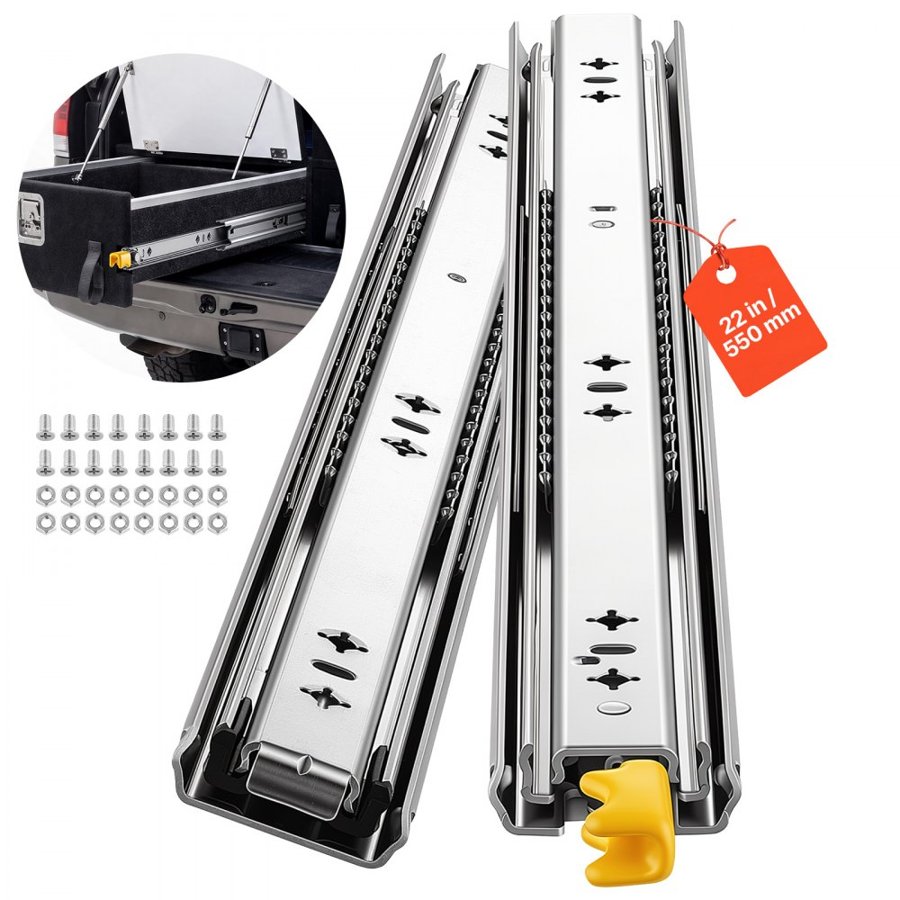 VEVOR Heavy Duty Drawer Slides, 55 cm 113.4 kg with Lock Side Mount Rails, for Cabinets, Kitchen, Workbench, RV, 3-Fold Full Extension Ball Bearing Rails, Carbon Steel, with Screws & Nuts, 1 Pair