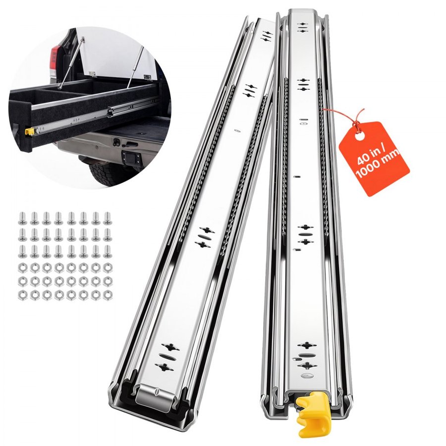 VEVOR Heavy Duty Drawer Slides, 100 cm 113 kg with Lock Side Mount Rails, for Cabinets, Kitchen, Workbench, RV, 3-Fold Full Extension Ball Bearing Rails, Carbon Steel, with Screws & Nuts, 1 Pair
