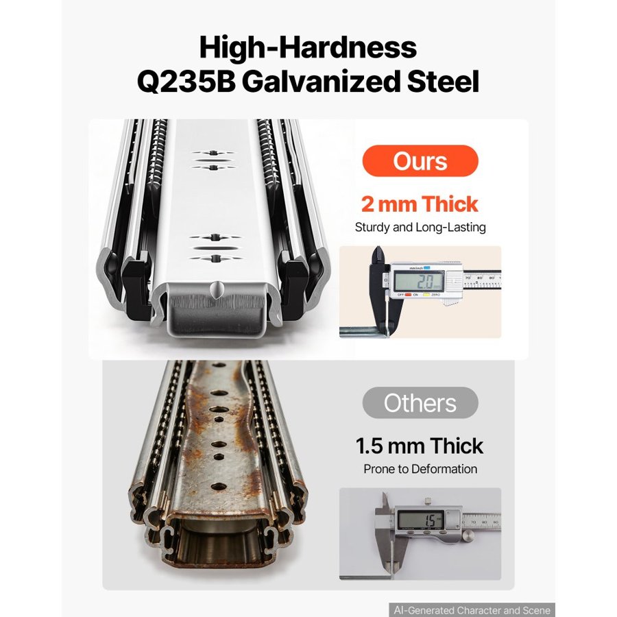 VEVOR Heavy Duty Drawer Slides, 100 cm 113 kg with Lock Side Mount Rails, for Cabinets, Kitchen, Workbench, RV, 3-Fold Full Extension Ball Bearing Rails, Carbon Steel, with Screws & Nuts, 1 Pair