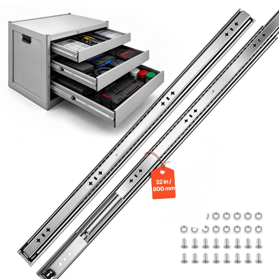 VEVOR Heavy Duty Drawer Slides, 80 cm 120.2 kg Load Side Mount Rails, for Cabinets, Kitchen, Workbench, RV, 3-Fold Full Extension Ball Bearing Rails, Carbon Steel, with Screws & Nuts, 1 Pair