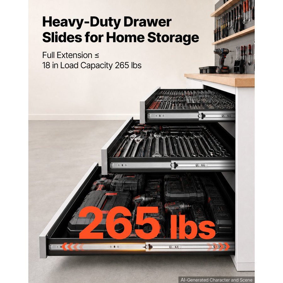 VEVOR Heavy Duty Drawer Slides, 80 cm 120.2 kg Load Side Mount Rails, for Cabinets, Kitchen, Workbench, RV, 3-Fold Full Extension Ball Bearing Rails, Carbon Steel, with Screws & Nuts, 1 Pair