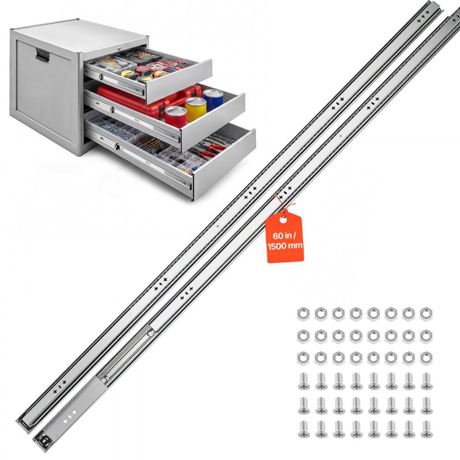 VEVOR Heavy Duty Drawer Slides, 150 cm 120.2 kg Load Side Mount Rails, for Cabinets, Kitchen, Workbench, RV, 3-Fold Full Extension Ball Bearing Rails, Carbon Steel, with Screws & Nuts, 1 Pair