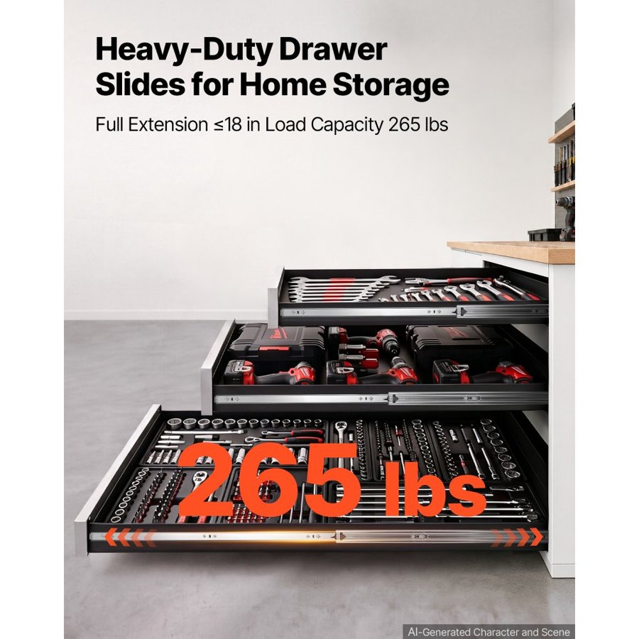 VEVOR Heavy Duty Drawer Slides, 150 cm 120.2 kg Load Side Mount Rails, for Cabinets, Kitchen, Workbench, RV, 3-Fold Full Extension Ball Bearing Rails, Carbon Steel, with Screws & Nuts, 1 Pair