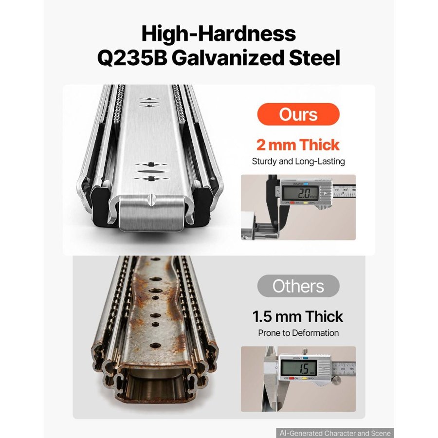 VEVOR Heavy Duty Drawer Slides, 90 cm 120.2 kg Load Side Mount Rails, for Cabinets, Kitchen, Workbench, RV, 3-Fold Full Extension Ball Bearing Rails, Carbon Steel, with Screws & Nuts, 1 Pair