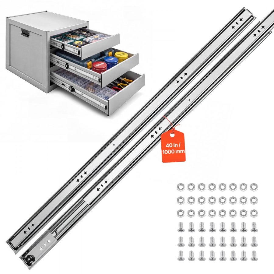 VEVOR Heavy Duty Drawer Slides, 100 cm 120.2 kg Load Side Mount Rails, for Cabinets, Kitchen, Workbench, RV, 3-Fold Full Extension Ball Bearing Rails, Carbon Steel, with Screws & Nuts, 1 Pair