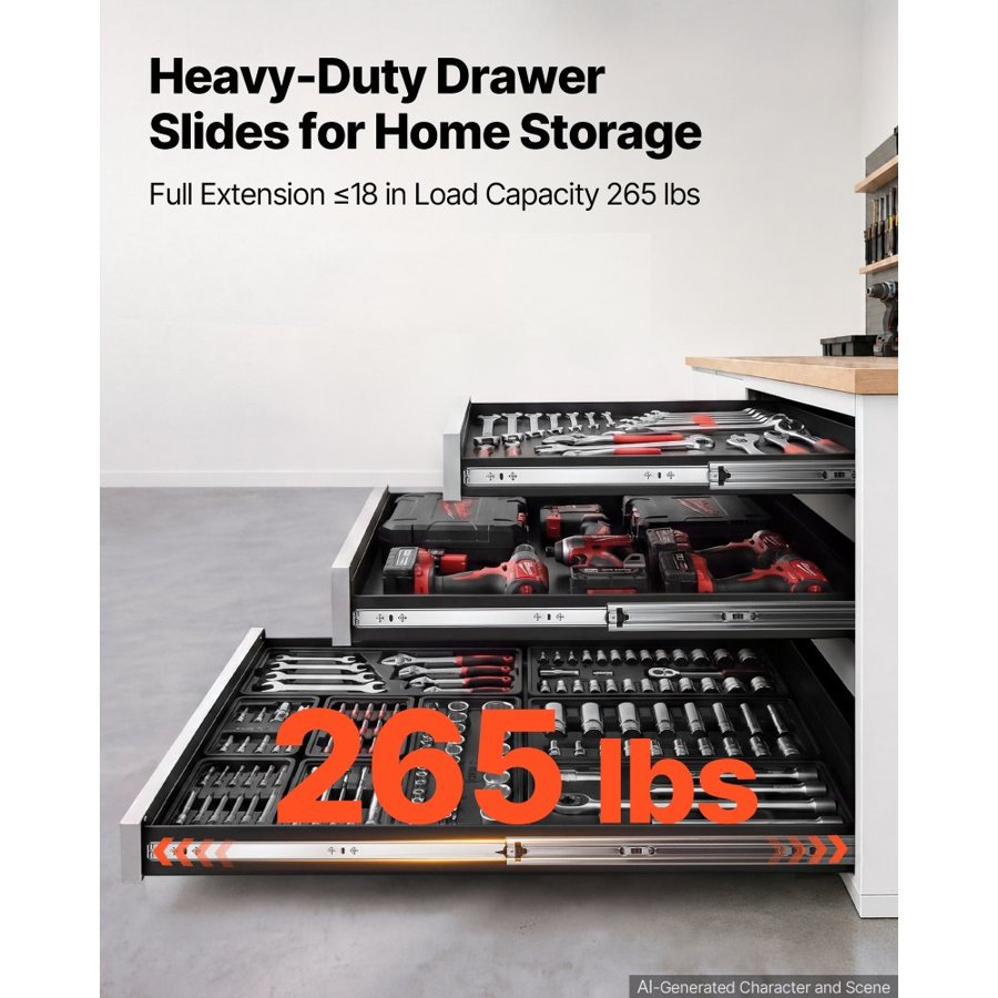VEVOR Heavy Duty Drawer Slides, 100 cm 120.2 kg Load Side Mount Rails, for Cabinets, Kitchen, Workbench, RV, 3-Fold Full Extension Ball Bearing Rails, Carbon Steel, with Screws & Nuts, 1 Pair