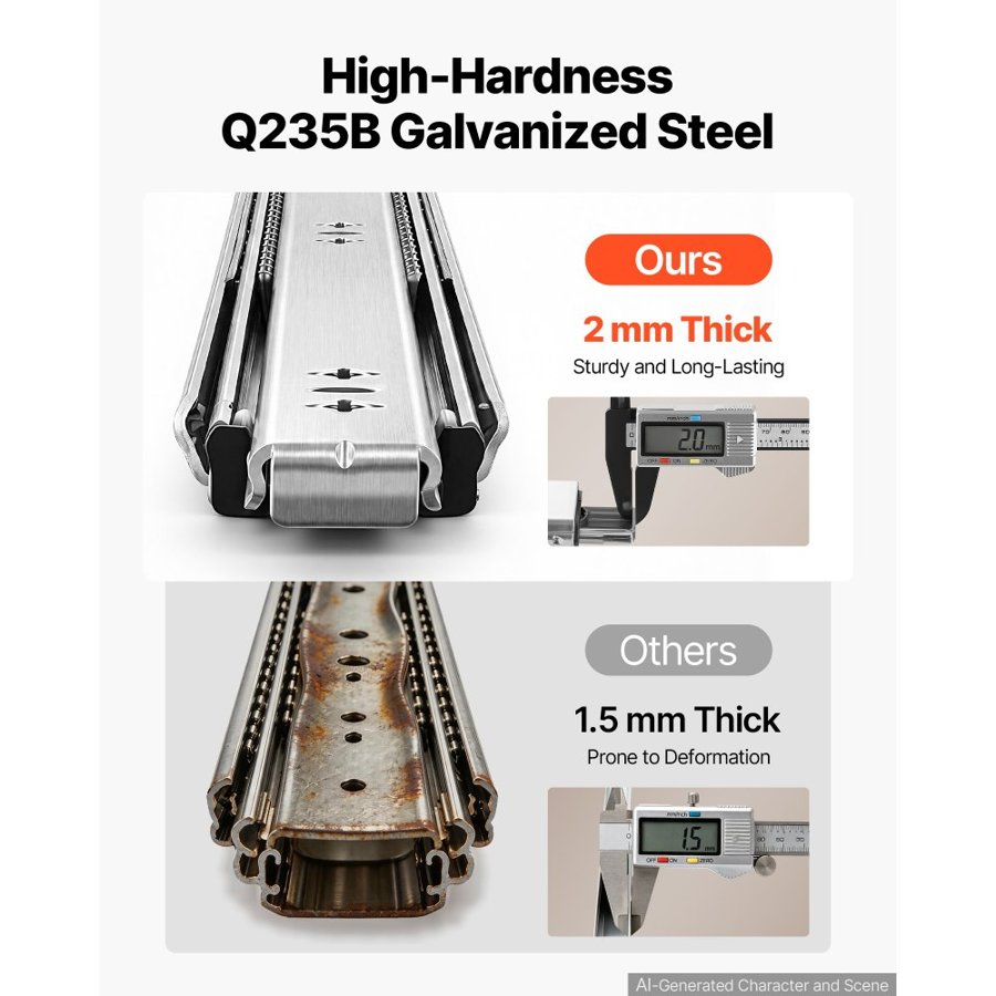 VEVOR Heavy Duty Drawer Slides, 100 cm 120.2 kg Load Side Mount Rails, for Cabinets, Kitchen, Workbench, RV, 3-Fold Full Extension Ball Bearing Rails, Carbon Steel, with Screws & Nuts, 1 Pair