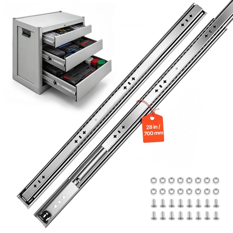 VEVOR Heavy Duty Drawer Slides, 70 cm 120.2 kg Load Side Mount Rails, for Cabinets, Kitchen, Workbench, RV, 3-Fold Full Extension Ball Bearing Rails, Carbon Steel, with Screws & Nuts, 1 Pair