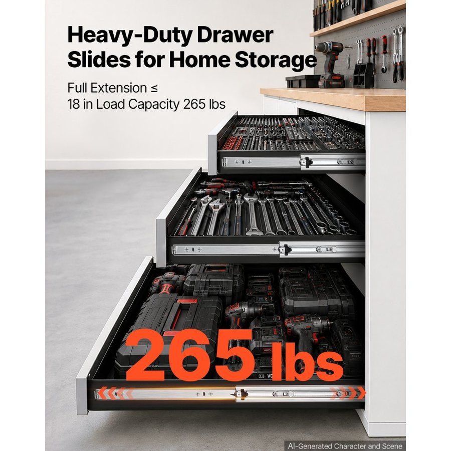 VEVOR Heavy Duty Drawer Slides, 70 cm 120.2 kg Load Side Mount Rails, for Cabinets, Kitchen, Workbench, RV, 3-Fold Full Extension Ball Bearing Rails, Carbon Steel, with Screws & Nuts, 1 Pair