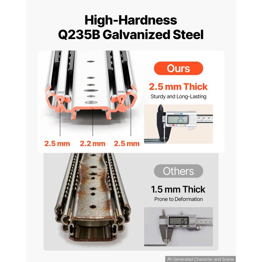 VEVOR Heavy Duty Drawer Slides, 40.6 cm 226.8 kg with Lock Side Mount Rails, for Cabinets, Kitchen, Workbench, RV, 3-Fold Full Extension Ball Bearing Rails, Carbon Steel, with Screws & Nuts, 1 Pair