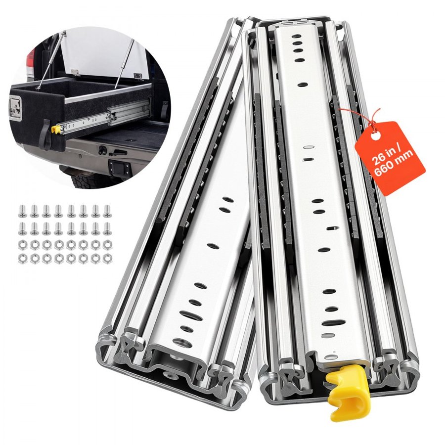 VEVOR Heavy Duty Drawer Slides, 66 cm 226.8 kg with Lock Side Mount Rails, for Cabinets, Kitchen, Workbench, RV, 3-Fold Full Extension Ball Bearing Rails, Carbon Steel, with Screws & Nuts, 1 Pair