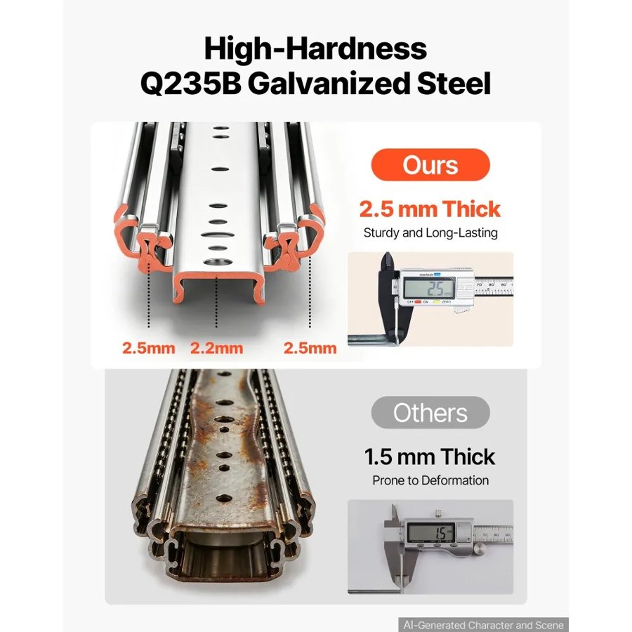 VEVOR Heavy Duty Drawer Slides, 66 cm 226.8 kg with Lock Side Mount Rails, for Cabinets, Kitchen, Workbench, RV, 3-Fold Full Extension Ball Bearing Rails, Carbon Steel, with Screws & Nuts, 1 Pair