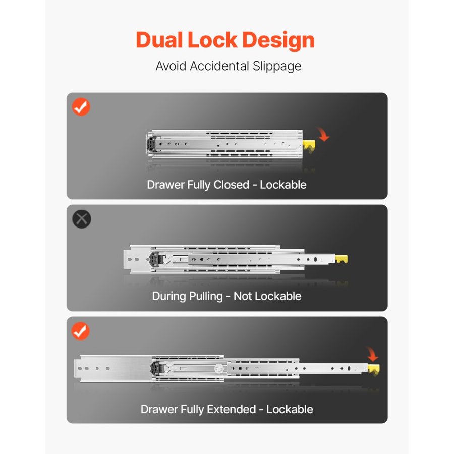 VEVOR 1 Pair Full Extension Drawer Slides 18 20 22 28 30 32 36 38 40 44 48 52 56 60 in, 500 lbs Load Capacity Locking Drawer Slides, Ball Bearing with Lock Side Mount Drawer Slide Rail