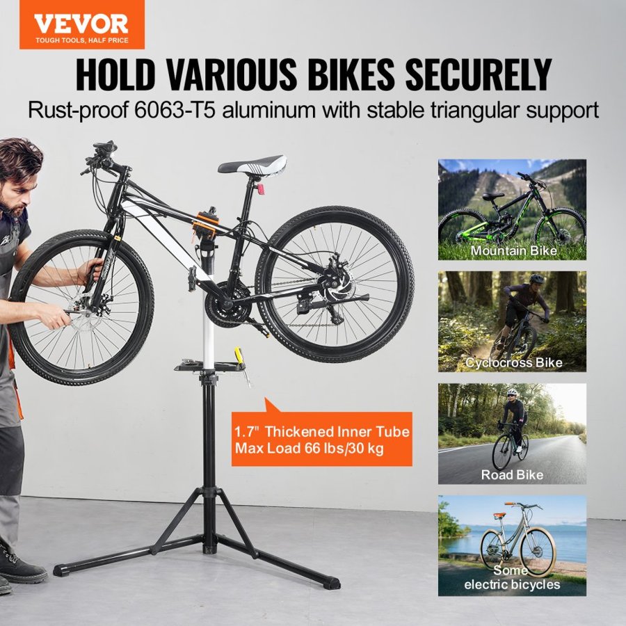 VEVOR Bike Repair Stand, 30 kg Heavy-duty Aluminum Bicycle Repair Stand, Adjustable Height Bike Maintenance Workstand with Magnetic Tool Tray Telescopic Arm, Foldable Bike Work Stand for Home, Shops