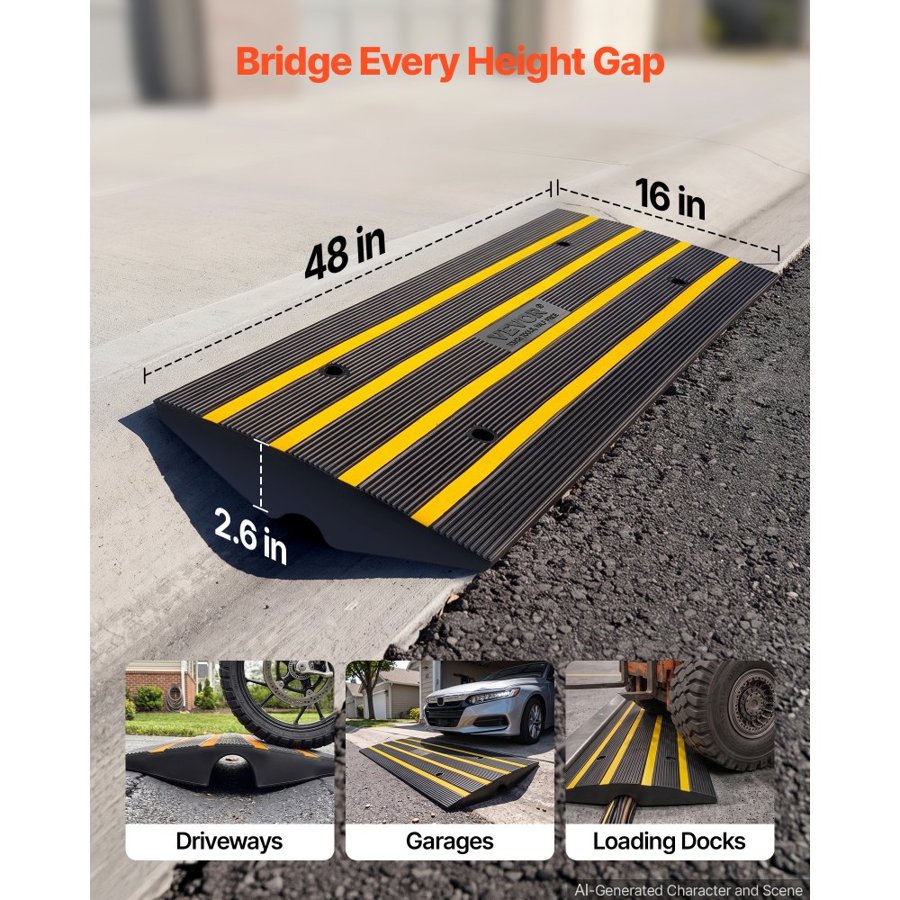 VEVOR Curb Ramp, 6.6cm Rise Rubber Driveway Ramps, Heavy Duty 14999.8 kg Weight Capacity Threshold Ramp, Curbside Bridge Ramps for Loading Dock Garage Sidewalk, Expandable Full Ramp Set