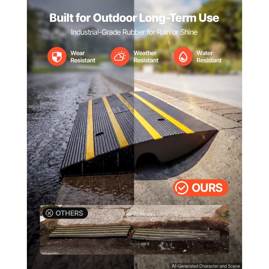 VEVOR Curb Ramp, 6.6cm Rise Rubber Driveway Ramps, Heavy Duty 14999.8 kg Weight Capacity Threshold Ramp, Curbside Bridge Ramps for Loading Dock Garage Sidewalk, Expandable Full Ramp Set