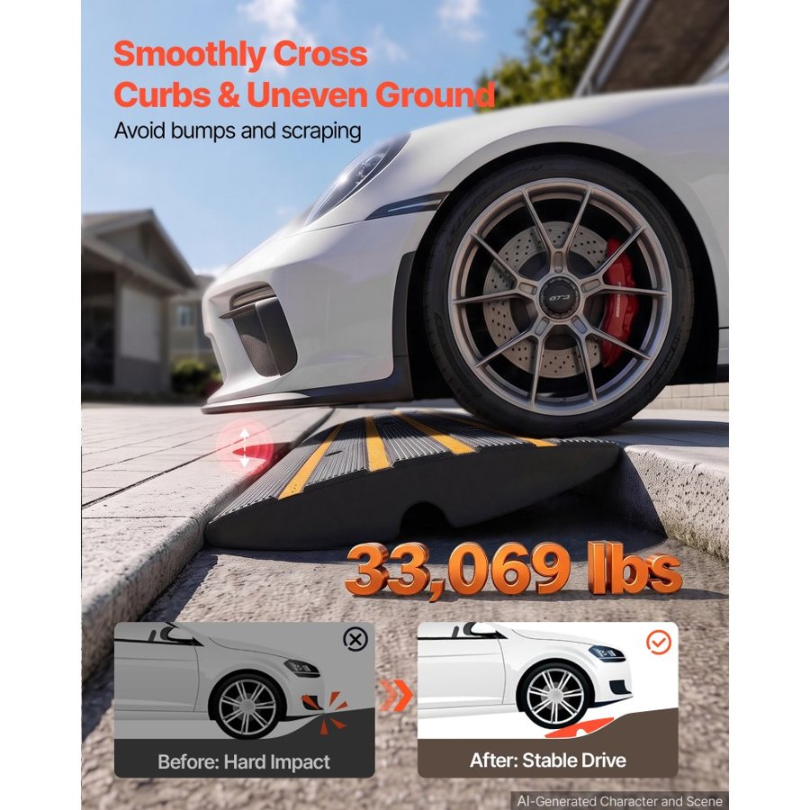 VEVOR Curb Ramp, 2 Pack, 2.6" Rise, Rubber Driveway Ramps, Heavy Duty 33069 lbs Weight Capacity Threshold Ramp, Curbside Bridge Ramps for Loading Dock Garage Sidewalk, Expandable Full Ramp Set