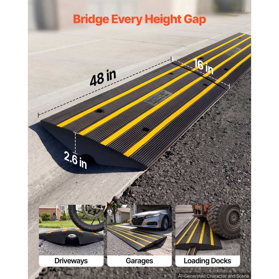 VEVOR Curb Ramp, 2 Pack, 2.6" Rise, Rubber Driveway Ramps, Heavy Duty 33069 lbs Weight Capacity Threshold Ramp, Curbside Bridge Ramps for Loading Dock Garage Sidewalk, Expandable Full Ramp Set