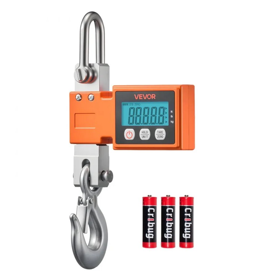 VEVOR Digital Crane Scale, 1100 lbs/500 kg Max Capacity, Heavy Duty Industrial Hanging Scale with Cast Aluminum Case & LCD Display, 100 g Division & 3 Unit Switch, Auto-Off Setting for Garage
