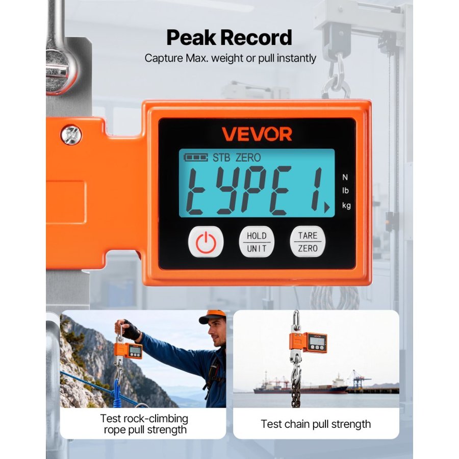 VEVOR Digital Crane Scale, 1100 lbs/500 kg Max Capacity, Heavy Duty Industrial Hanging Scale with Cast Aluminum Case & LCD Display, 100 g Division & 3 Unit Switch, Auto-Off Setting for Garage