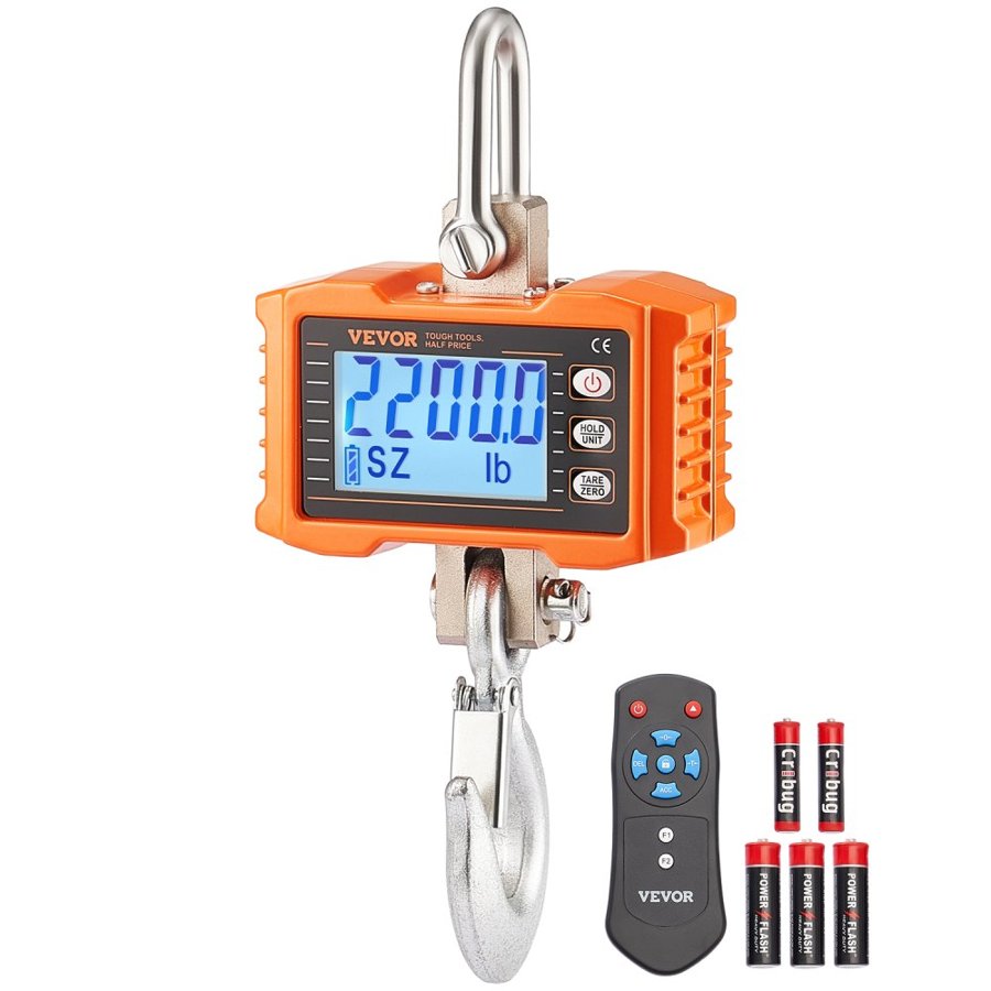 VEVOR Digital Crane Scale, 2200 lbs/1000 kg, Industrial Heavy Duty Hanging Scale with Remote Control, Cast Aluminum Case & LCD Screen, High Precision for Construction, Factory, Farm, Hunting (Orange)