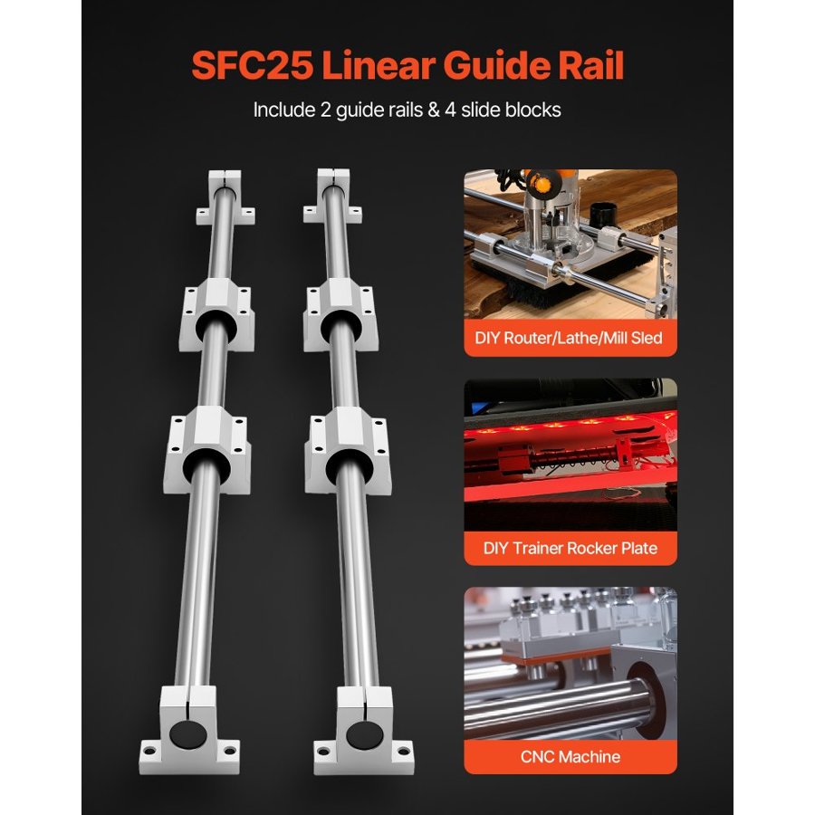 VEVOR Linear Rail Kit, SFC25, 2Pcs 1000 mm (39.4 inch) Linear Motion Guide Rails and 4Pcs Bearing Slide Blocks, for DIY Engraving Machine Lathe Milling Machine Slides, DIY Training Rocker Plate