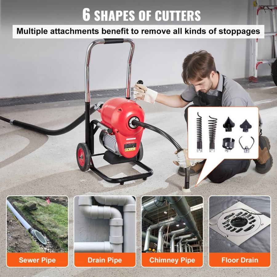 VEVOR Drain Cleaner Machine 3657.6 cm x 1.52 cm 1100W Sectional Snake Auger Manual Feed
