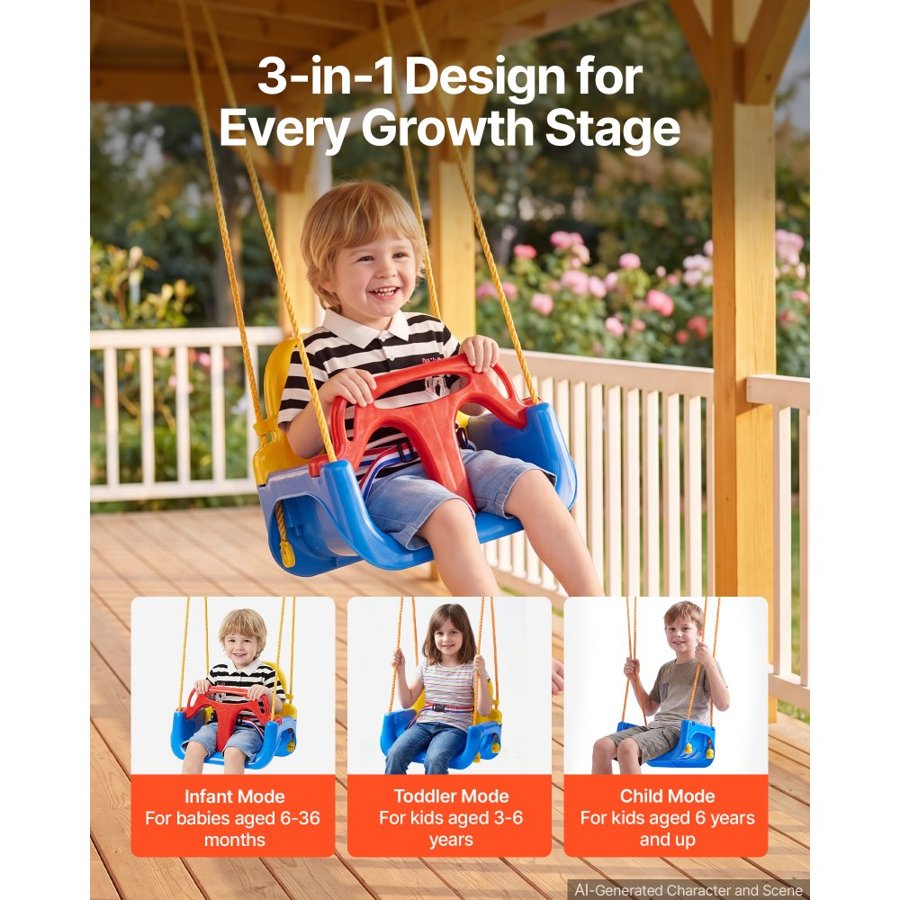 VEVOR 3-in-1 Baby Swing Seat 136 kg Capacity Toddler Swing Red/Yellow/Blue, for Indoor & Outdoor Playground, with Adjustable Ropes and Snap Hooks, Snug & Secure Detachable Infants to Teens Kids Seat