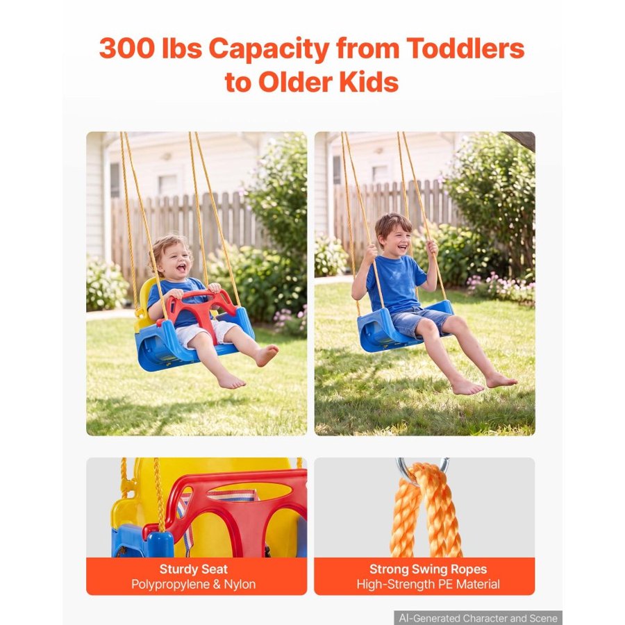 VEVOR 3-in-1 Baby Swing Seat 136 kg Capacity Toddler Swing Red/Yellow/Blue, for Indoor & Outdoor Playground, with Adjustable Ropes and Snap Hooks, Snug & Secure Detachable Infants to Teens Kids Seat