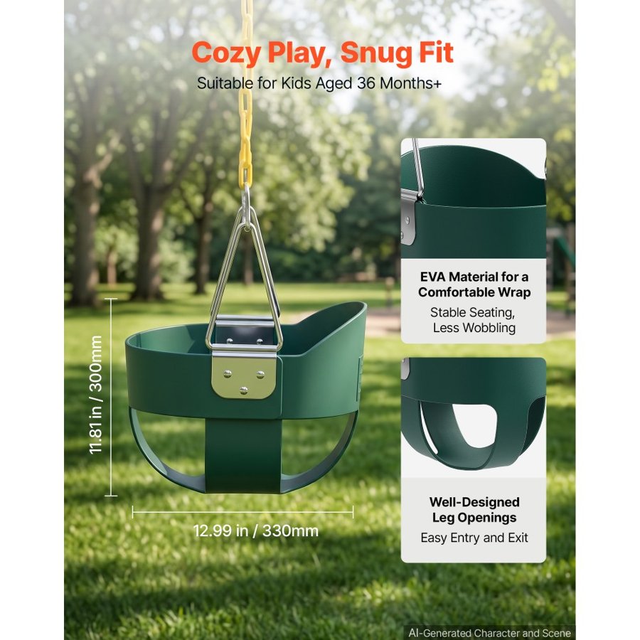 VEVOR Toddler Swing 136 kg High Back Full Bucket Baby Swing Seat Green, for Outdoor & Indoor Backyard Playground, Heavy-Duty Coated Chains and Carabiners, Fully Assembled Seat for Toddlers Age 3+