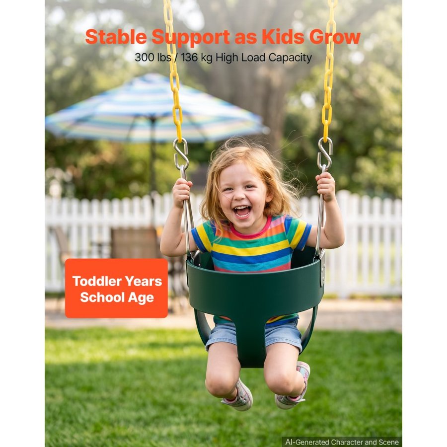 VEVOR Toddler Swing 136 kg High Back Full Bucket Baby Swing Seat Green, for Outdoor & Indoor Backyard Playground, Heavy-Duty Coated Chains and Carabiners, Fully Assembled Seat for Toddlers Age 3+