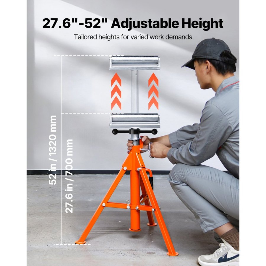 VEVOR Roller Stand, Heavy Duty 1134 kg Load Capacity, 700 mm-1320 mm Height Adjustable, 45# Steel Folding Roller Support Stand for Pipes, Wooden Boards