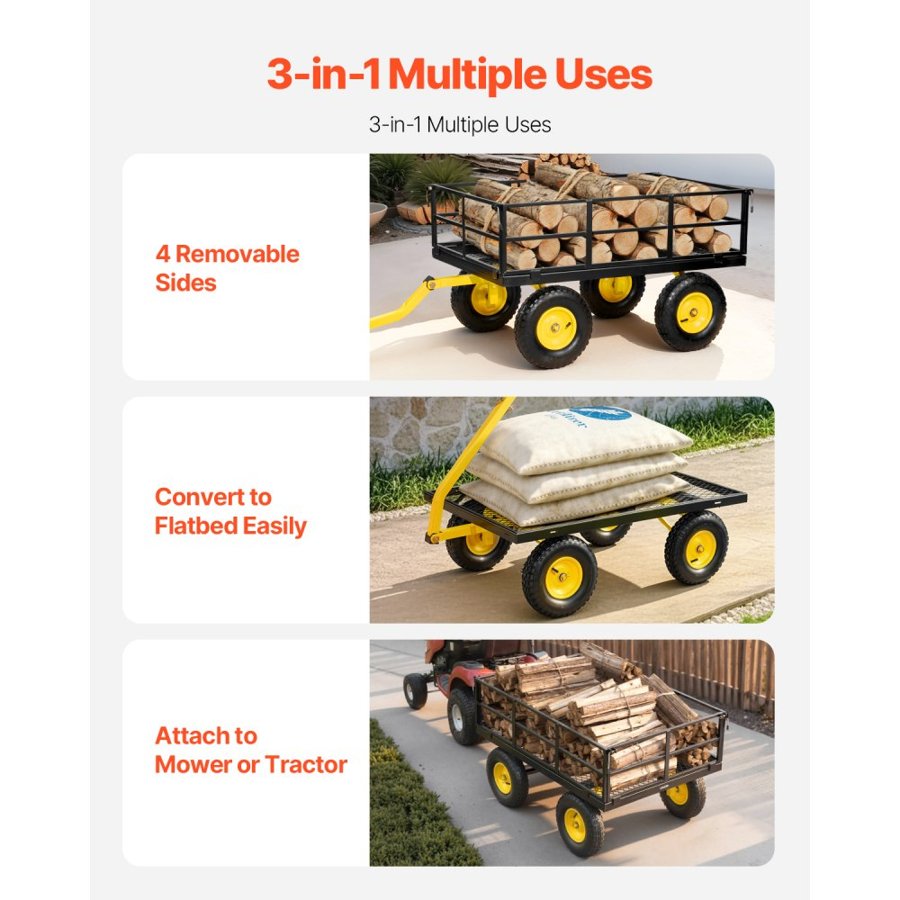 VEVOR Steel Garden Cart, 544 kg Heavy Duty Pullable Garden Wagon Yard Cart, 2 in 1 Outdoor Metal Utility Wagon Yard Trailer with 330 mm All Terrain Tires, Mesh Detachable Sides & 180° Rotating Handle