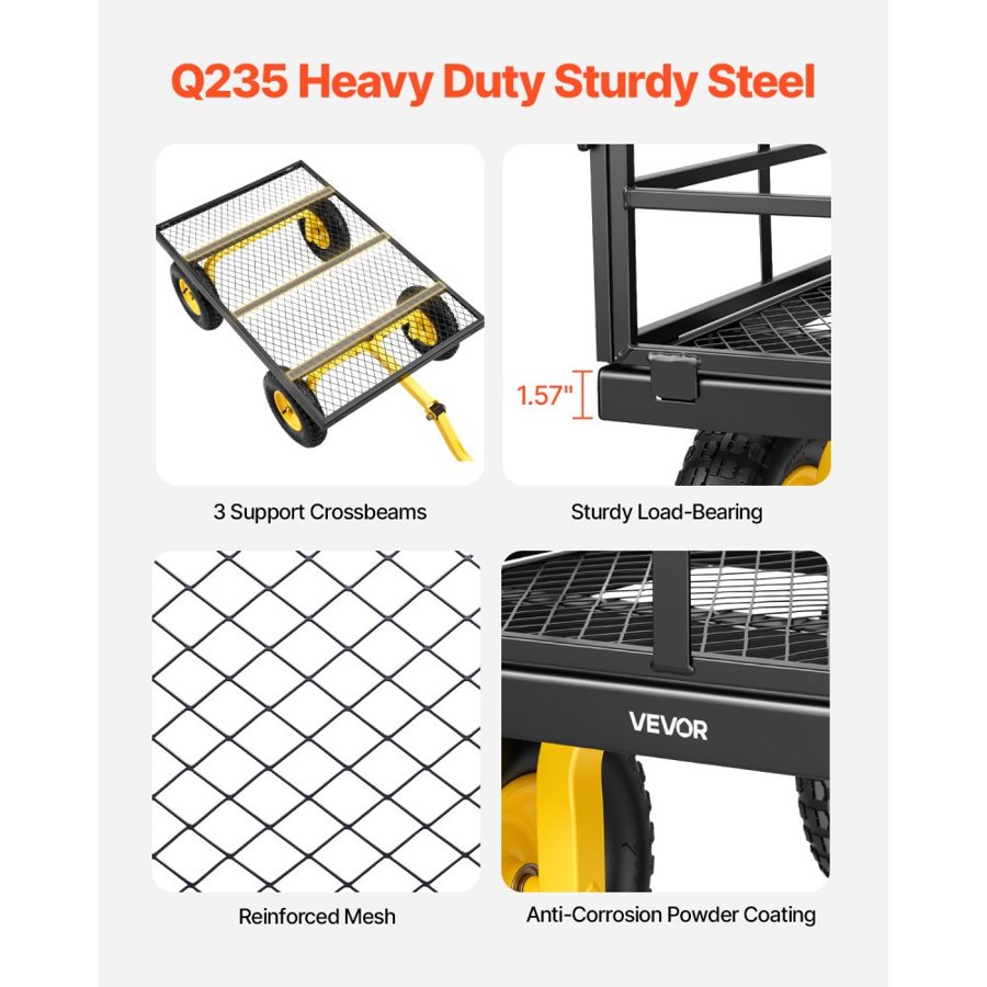 VEVOR Steel Garden Cart, 544 kg Heavy Duty Pullable Garden Wagon Yard Cart, 2 in 1 Outdoor Metal Utility Wagon Yard Trailer with 330 mm All Terrain Tires, Mesh Detachable Sides & 180° Rotating Handle