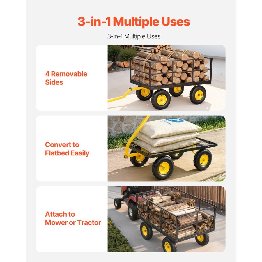 VEVOR Steel Garden Cart, 635 kg Heavy Duty Pullable Garden Wagon Yard Cart, 2 in 1 Outdoor Metal Utility Wagon Yard Trailer with 330 mm All Terrain Tires, Mesh Detachable Sides & 180° Rotating Handle