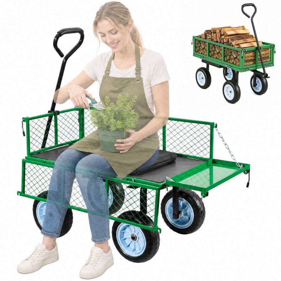 VEVOR Rolling Garden Cart with Seat – 500 LBS, Green, Steel