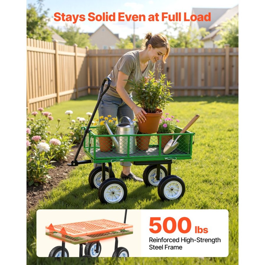 VEVOR Rolling Garden Cart with Seat – 500 LBS, Green, Steel