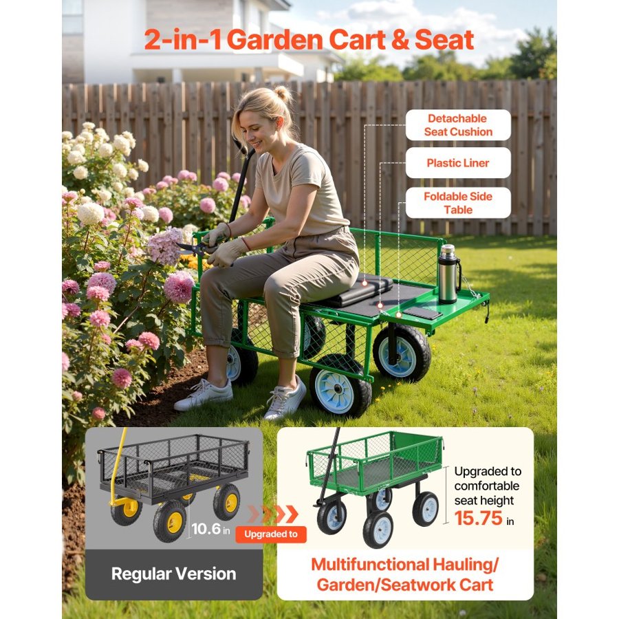VEVOR Rolling Garden Cart with Seat – 500 LBS, Green, Steel