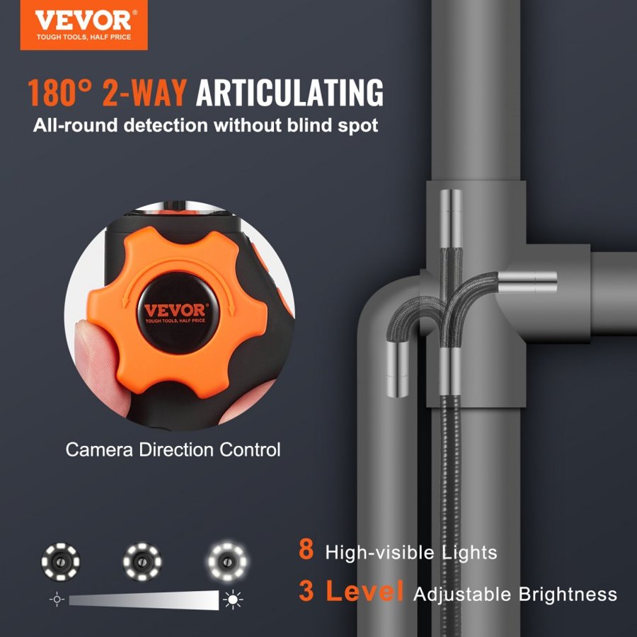 VEVOR 2 Way Articulating Borescope – 5" IPS, 6.4mm Lens