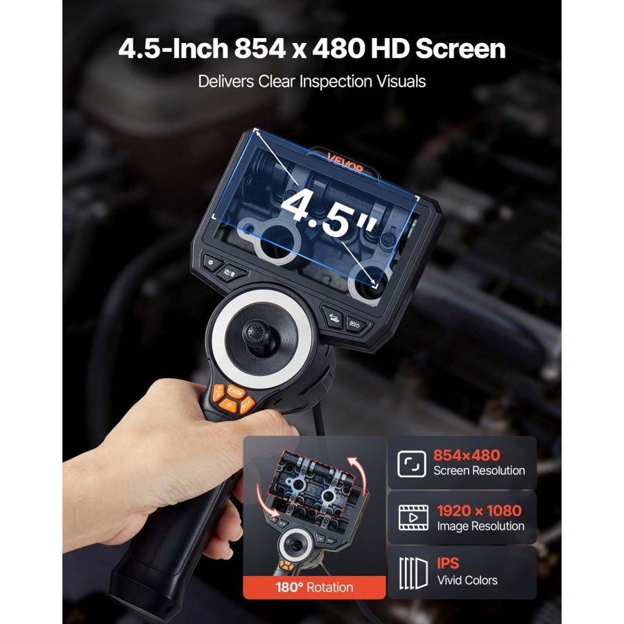 VEVOR Articulating Endoscope with Light, 4-Way 360° Articulated Borescope, 4.5" IPS Screen, 1920 x 1080 HD Lens, 8X Zoom, IP67 Waterproof Snake Camera for Automotive, Plumbing (1.5m Snake Cable)